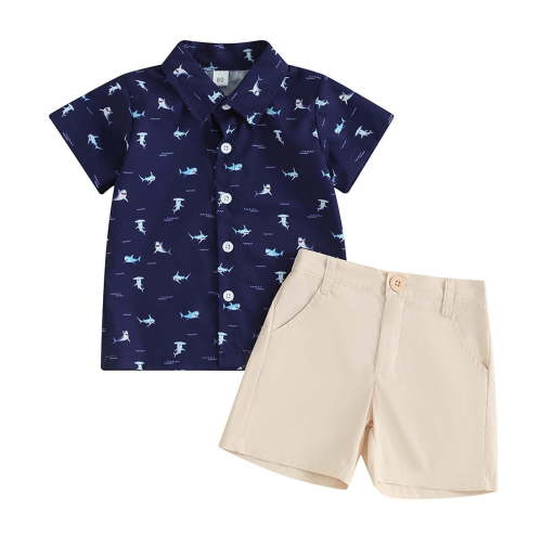 QTOCIO Toddler Boys Outfits, Baby Boy Clothes, Boys' Fashion Printed Short-Sleeved Lapel Shirt Shorts Two-Piece Set, Dark Blue, 18 Months