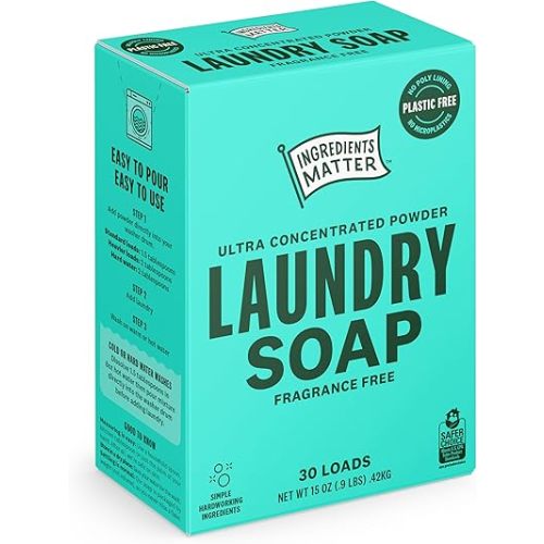 Ingredients Matter Powder Laundry Soap - Fragrance Free, Hypoallergenic Detergent, Natural & Eco-Friendly, Plastic Free, Made in USA, Natural Essential Oils & Dermatologist Tested - 15 oz, 30 Loads