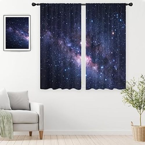 Galaxy Curtains Room Boys Kids Outer Space Blue Star Dark Starry Night Universe Fantasy Nebula Cool 2 Panels 42W x 63L Inches Rod Pocket Curtain for Bedroom Living Room Window Drapes Treatment Fabric
