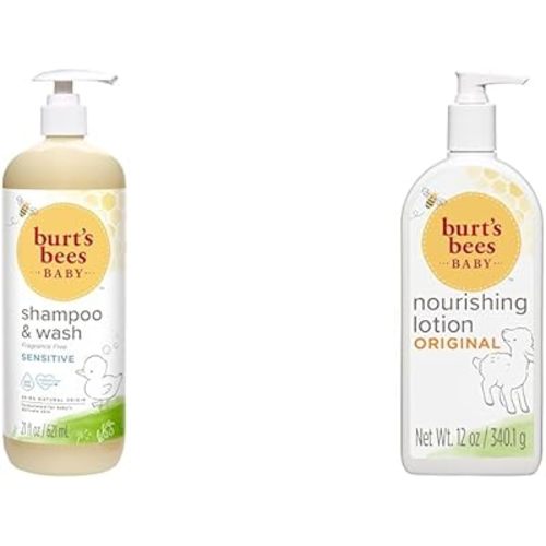 Burt's Bees Baby Shampoo and Wash Set with Nourishing Lotion, Fragrance Free 2-in-1 Formula 21 oz and Original Scent 12 oz