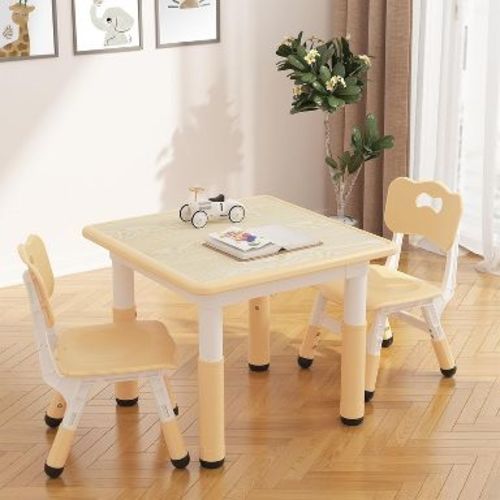 Kids Table and 2 Chairs Set with Particleboard Desktop, Non-Slip Legs, Easy to Wipe, Height Adjustable, Compact Design for Ages 2-10, Beige