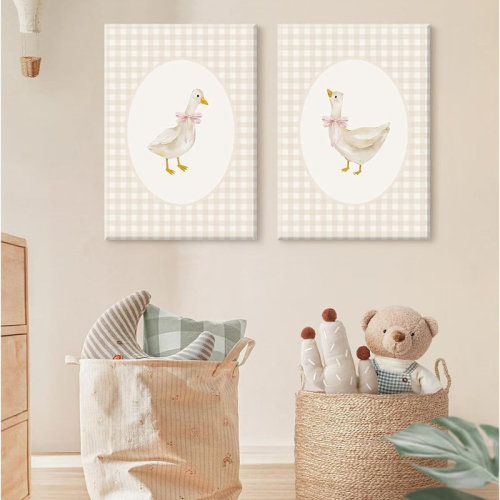 August Grove® Nursery Goose Wall Art Girl Coquette Canvas Wall Decor Baby Room Wall Art Pink Bow Pictures Vintage Prints Duck Gingham Poster Girl Nursery Painting For Bedroom Living Room 16X24x2 Inch Ready To Hang | Wayfair