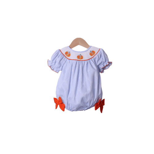 Smocked Blue Trellis Pumpkin Bow Bubble