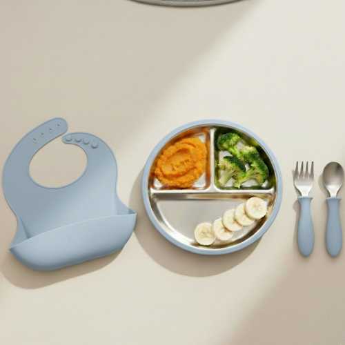 Stainless Steel Kids Plate & Utensils Set Blue, Suction Plate for Toddler, Baby Led Weaning, Baby Shower Gift, Boy Girl Birthday Ideas
