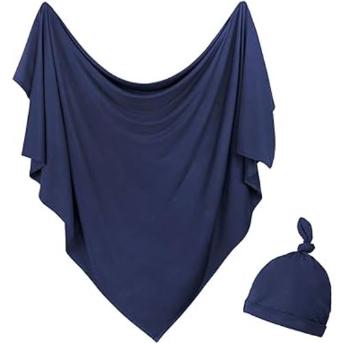 Newborn Swaddle Blanket with Hat Set Baby Swaddle Set Hospital Receiving Blankets for Girls Boys(Navy,35"*35")