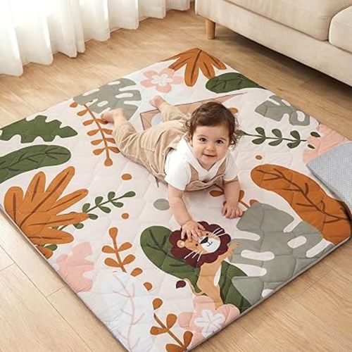 Baby Play Mat for Floor 50×50in, Quilted 1.6in Extra Thick Crawling Mat for Toddlers, Non-Slip Kids Play Mats for Playpen with Washable Removable Cover, Boho