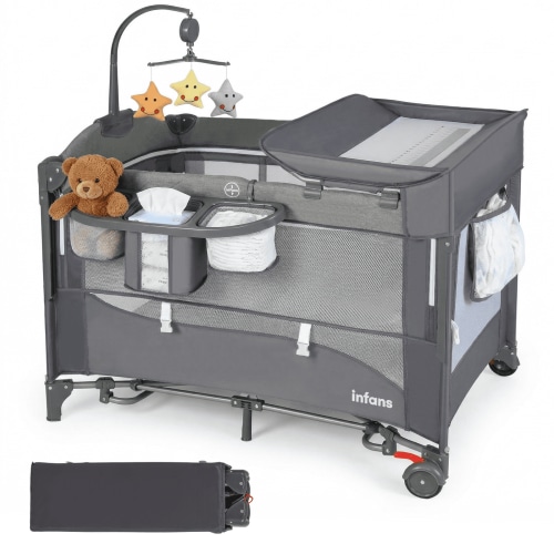 Olakids Baby Bedside Sleeper, 5-in-1 Bassinet with Adjustable Height, Mesh, Grey/Yellow