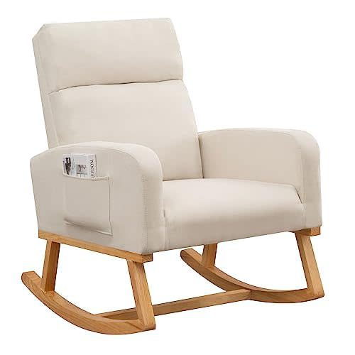 Rocking Chair Nursery, Upholstered Fabric Glider Rocking Nursing Chair with Extended Wood Legs & Side Pocket, Comfy Nursery Chair for Living Room, Bedroom, Light Beige
