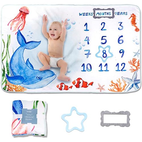 Baby Milestone Blanket| Original Design Baby Monthly Milestone Blanket Boy Girl|Baby Photography Props Blanket| 60'x40' Ocean World