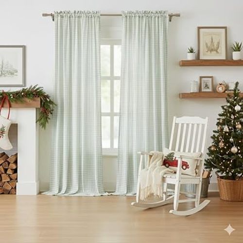 ZJDECOR Sage Green White Buffalo Plaid Curtains 84 Inches Long,Crinkled Not-See-Through Sheer Rod Pocket Drapes,Rustic Window Treatment for Nursery Living Room,Tiebacks Included,52" Wx84 L(Pack of 2)