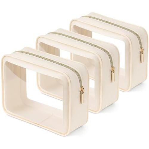 Clear Toiletry Bag, TSA Approved Makeup Bag, 3 Pack, Beige