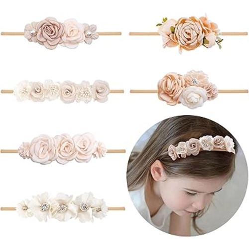 Baby Girl Flower Headband 6 PCS Elastic Hairbands Handmade Nylon Bows Headbands Chic Floral Hair Accessories Kids Gifts for Newborn Infant Toddlers