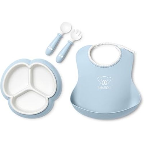 BabyBjörn Mealtime Set, 4 pc, Powder Blue | Includes Baby Plate, Baby Fork, Baby Spoon, and Baby Cup | Dishwasher Safe | Toddler Feeding Set for self-Feeding or Baby-led weaning