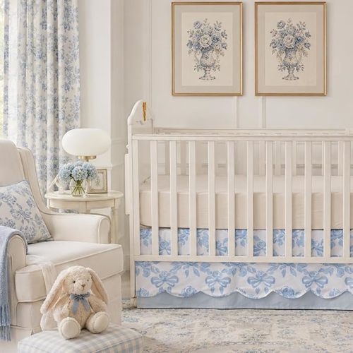 Brandream Scallop Edge Cotton Crib Skirt: Solid Green Gingham