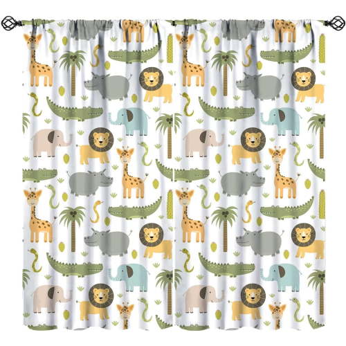 Nursery Safari Animals Blackout Curtains,Woodland Jungle Lion Giraffe Cartoon Watercolor Animals Pattern 2 Panel Rod Pocket Window Drapes for Kids Boy Bedroom Decor 52" W X 63" L