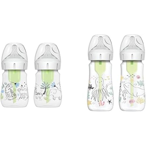 Dr. Brown's Anti-Colic Options+ Wide-Neck Baby Bottles, Jungle and Ocean Decos, 5 oz / 9 oz, Level 1 Nipple 2-Packs, 0m+