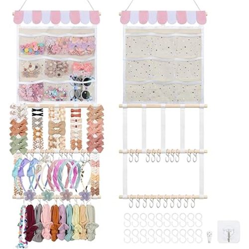 New Upgraded Bow Organizer for Girls, Headband Holder w/ 9 Mesh Pockets,Hair Bow Holder Clip Organizer, Wall Hair Accessories Organizer for Baby Girl Nursery Decor(32x15inch,Beige Pink)