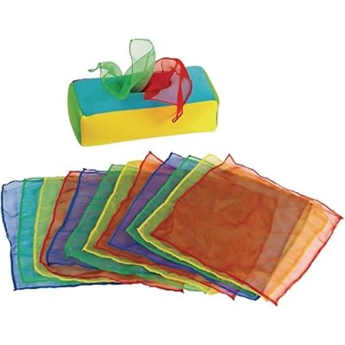 Excellerations Plush Pull & Play 12 inches L x 5-1/2 inches W x 3-1/2 inches H Tissue Box 12 Square Scarves for Children, Kids Educational Baby Toy, 9 Months and Up