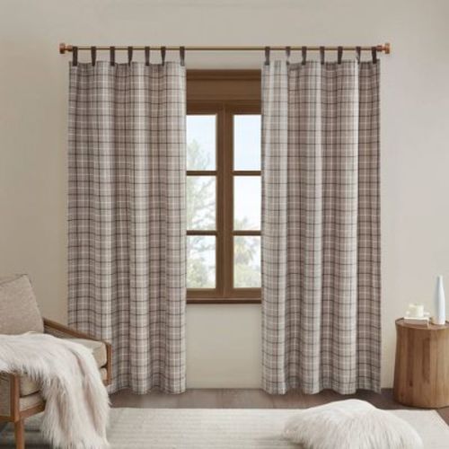 50"x84" Madison Park Light Filtering Preston Plaid Faux Leather Tab Top Curtain Panel with Fleece Lining