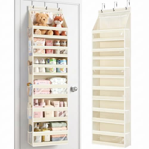 Yecaye 7 Tier Over the Door Organizer, Large Capacity Door Organizer Hanging with Clear PVC Windows, Behind the Door Storage for Bedroom Nursery Closet Laundry Pantry Bathroom, Cream White