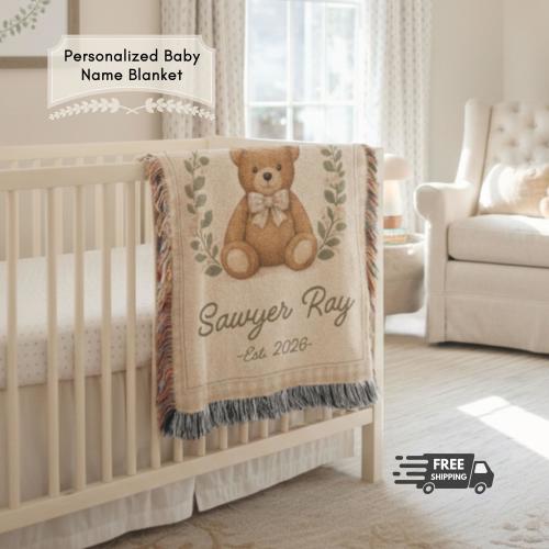 Personalized Woven Teddy Bear Baby Blanket, Personalized Bear Blanket, Custom Bear Blanket, Bear Nursery Blanket Newborn Custom Name Blanket