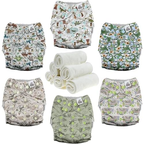 Mama Koala 3.0 Pocket Cloth Diapers for Babies with AWJ Lining, 6 Pack with 6 4-Layer Natural Cloth Diaper Inserts - Reusable and Washable Pocket Diapers(Cute Dinosaurs)