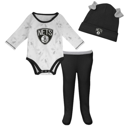 Newborn & Infant Brooklyn Nets White/Black Three-Piece Dream Team Long Sleeve Bodysuit, Cuffed Knit Hat & Footed Pants Set
