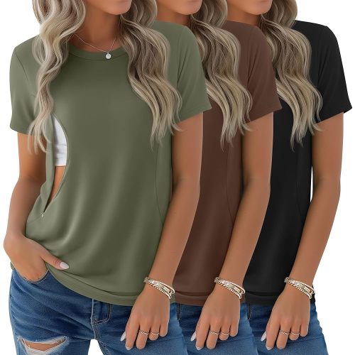 3 Pack Women's Maternity Nursing Shirt for Breastfeeding Hidden Zipper Short Sleeve Crew Neck Pregnancy Top