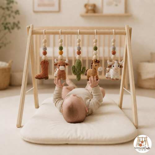 Western Crochet Baby Gym with Wooden Frame, Cowboy Boot Cow Horse and Cactus Hanging Toys