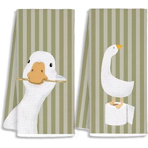 Kids Bathroom Decor, Goose Towels Bathroom Decor, Toddler Bathroom Towel, Cute Duck Green Farm Animal Dish Towels Gifts for Washroom Restroom 16x24 Inch Set of 2