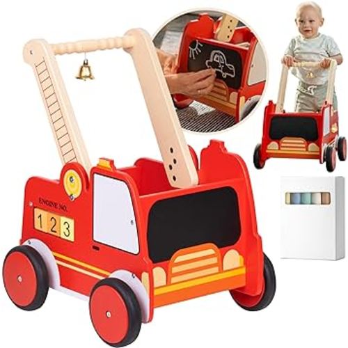 Wooden Baby Walker with Wheels - Baby Walkers for Boys Fire Truck Walker Baby - Walker for Baby Boy with Rigged Handles - Adjustable Height and Chalkboard on Wooden Activity Walker