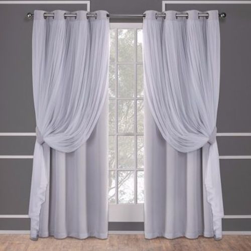 Set of 2 Caterina Layered Solid Blackout with sheer top Curtain Panels Black Pearl - Exclusive Home