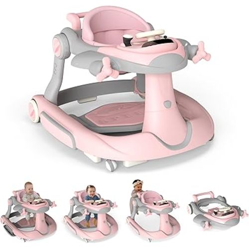 7-in-1 Baby Walker with Wheels, Anti-Slip Base, Speed Control, 3 Level Adjustable Height with Music & Lights Box, Foldable Walkers for Babies 6-12 Months, Boys & Girls