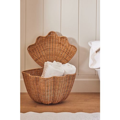Shell Wicker Woven Basket with Hinged Lid