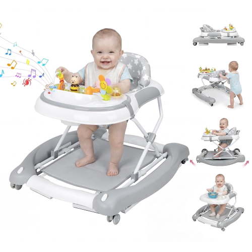 PRVAETU 5 in 1 Baby Walker,Jumper,Rocking,Push,Bouncer for Boys Girls,Foldable,Music & Light,Height Adjustable,Wheel for Infant,Start Grey