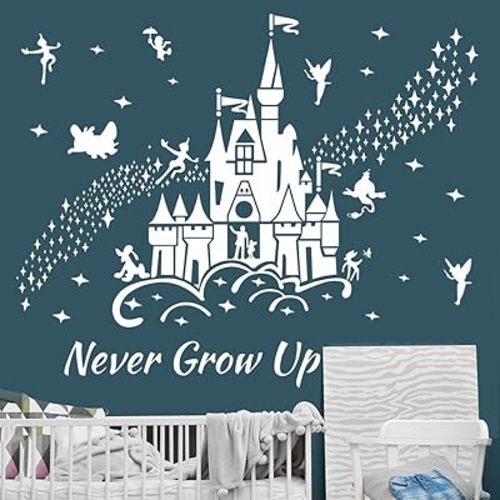 Supzone Castle Wall Stickers Fairy Tale Castle Wall Decal Never Grow Up Quotes Stars Wall Decor DIY Mural Art for Baby Nursery Room Kids Bedroom Playroom-White