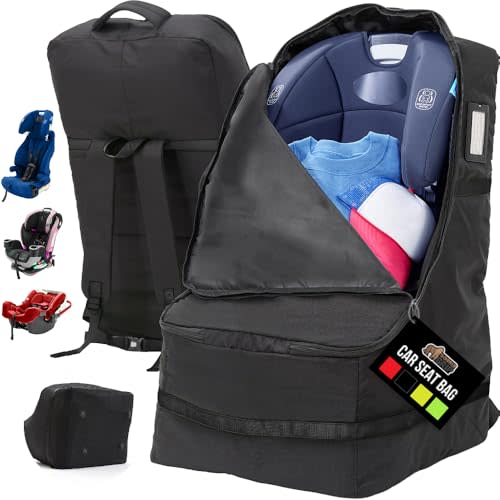 GORILLA GRIP Tear and Water Resistant Padded Car Seat Travel Bag for Airplane and Airport, Universal Fit Baby Carseat Bags, Holds Up to 50lbs, Handle & Shoulder Straps, Air Gate Check Carrier, Black