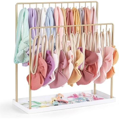 Mkono Headband Holder 2 Tier Hair Bow Organizer Metal Hair Accessories Organizer Modern Hair Ties Display Stand Rack Hanger for Girls Home Room Nursery Decor,Gold