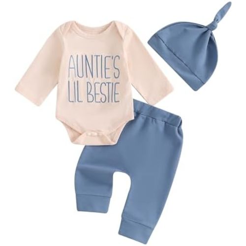 3-6m Aunties Bestie Baby Clothes Gender Neutral Unisex Funny Letter Bodysuit Romper Solid Leggings Pants Hat 3Pcs Outfits