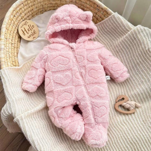 SHEIN Newborn Baby Girl Cute Fluffy Pink Heart Pajamas, Autumn/Winter Baby Girl Winter Jumpsuit Baby Girl Snowsuit Winter Baby Girl Clothes Warm Baby Girl Clothes Baby Girl Fleece Jumpsuit Fall | SHEIN USA