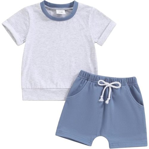 Thorn Tree Toddler Boys Clothes Set Short Sleeve T-shirt Top Elastic Waist Pocket Shorts Solid 2Pcs Outfits