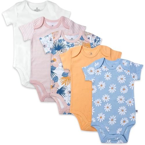 HonestBaby baby-girls 5-pack Short Sleeve Bodysuits One-piece 100% Organic Cotton for Infant Baby Girls