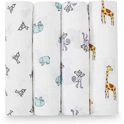aden + anais Boutique Muslin Swaddle Blanket for Baby Girls and Boys, Newborn Receiving Blanket for Swaddling, 100% Muslin Cotton Swaddle Wrap, 4 Pack, Jungle Jam
