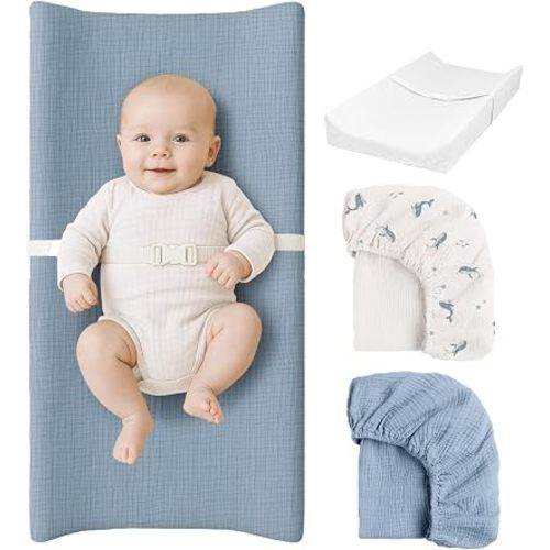 Konssy Baby Changing Pad Set with Waterproof Lining & 2 Pack Muslin Covers