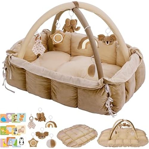 5-in-1 Baby Play Gym and Tummy Time Mat, 12 Learning Cards, Plush Activity Mat with 6 Toys, Baby Gym, Convertible to Ball Pit, Baby Gift, Brown