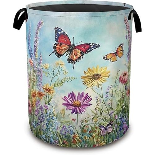 Colorful Butterfly Collapsible Laundry Baskets,Flowers Laundry Hamper,Storage Basket with Handles for Bathroom Bedroom College Dormitory Living Room Nursery Organizer 16"x20"