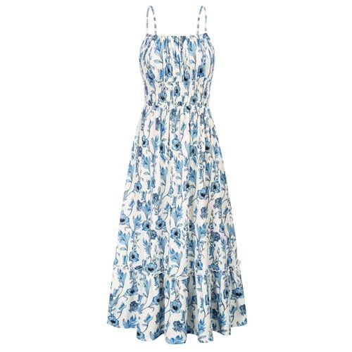 GRACE KARIN Womens 2025 Summer Maxi Dress Sleeveless Floral Spaghetti Strap Smocked Boho Beach Long Dress with Pockets