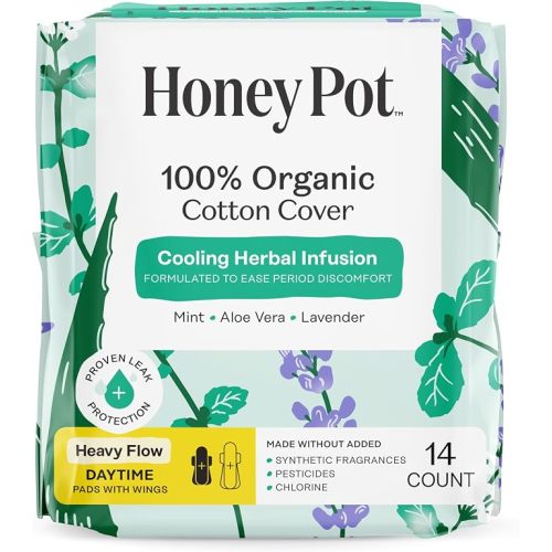 The Honey Pot Company - Cooling Herbal - Heavy Flow Daytime Pads for Women | Cooling Effect - Infused w/Mint, Aloe, Lavender - Organic Cotton Cover - Menstrual Pads w/Wings - Feminine Care - 56ct