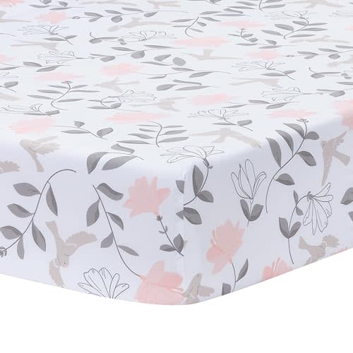 Lambs & Ivy Petals White/Pink/Gray Floral 100% Cotton Fitted Crib/Toddler Sheet