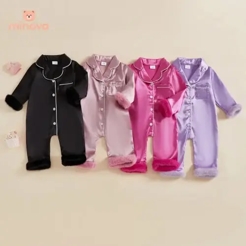Baby Girl Satin Pajamas Contrast Trim Fur Trim Button Down Lapel - TikTok Shop